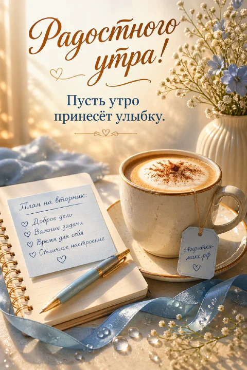 Белая чашка кофе с корицей и блокнот с планами рядом с голубыми цветами гипсофилы на светлом фоне