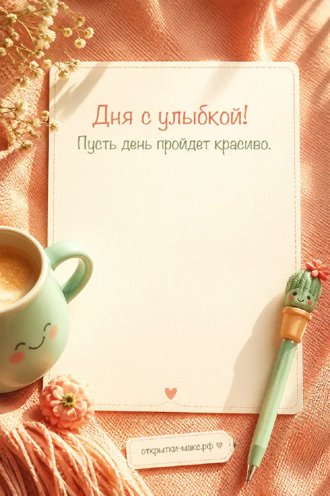 Улыбающаяся кружка кофе и блокнот с кактусовой ручкой на персиковом текстурном фоне