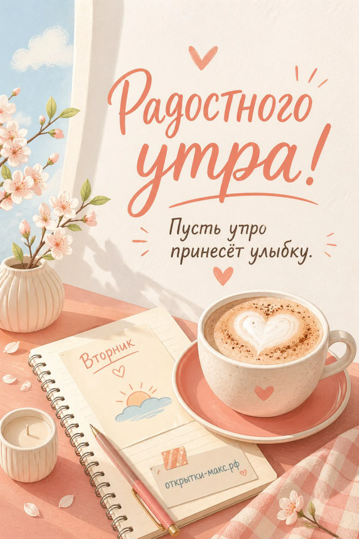 Чашка капучино с сердечком из пены, блокнот с надписью «Вторник» и нарисованным солнцем, веточка цветущей вишни