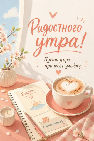 Чашка капучино с сердечком из пены, блокнот с надписью «Вторник» и нарисованным солнцем, веточка цветущей вишни