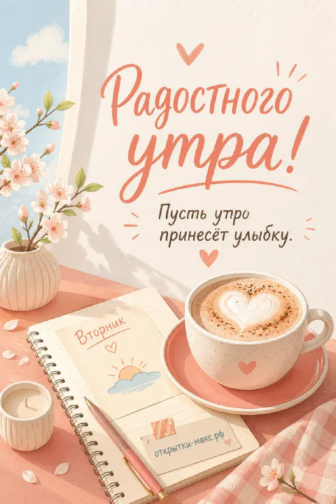 Чашка капучино с сердечком из пены, блокнот с надписью «Вторник» и нарисованным солнцем, веточка цветущей вишни