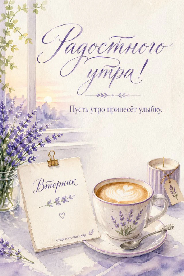 Чашка капучино с сердечком из пены, блокнот с надписью «Вторник» и нарисованным солнцем, веточка цветущей вишни — вариант 2