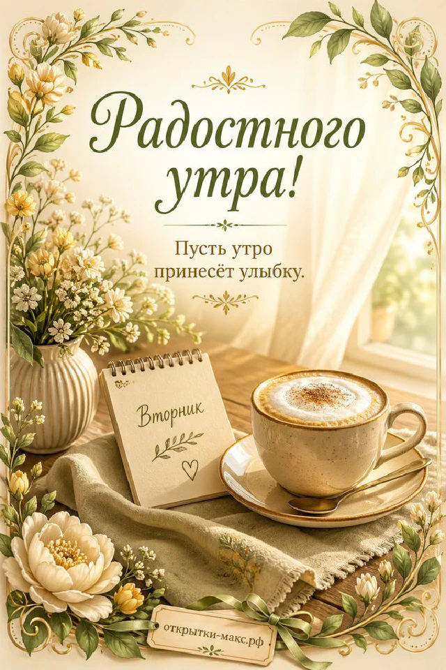 Чашка капучино с сердечком из пены, блокнот с надписью «Вторник» и нарисованным солнцем, веточка цветущей вишни — вариант 3