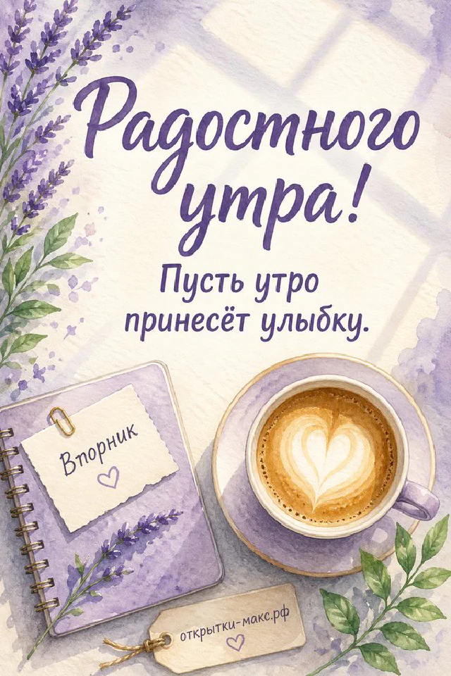 Чашка капучино с сердечком из пены, блокнот с надписью «Вторник» и нарисованным солнцем, веточка цветущей вишни — вариант 4