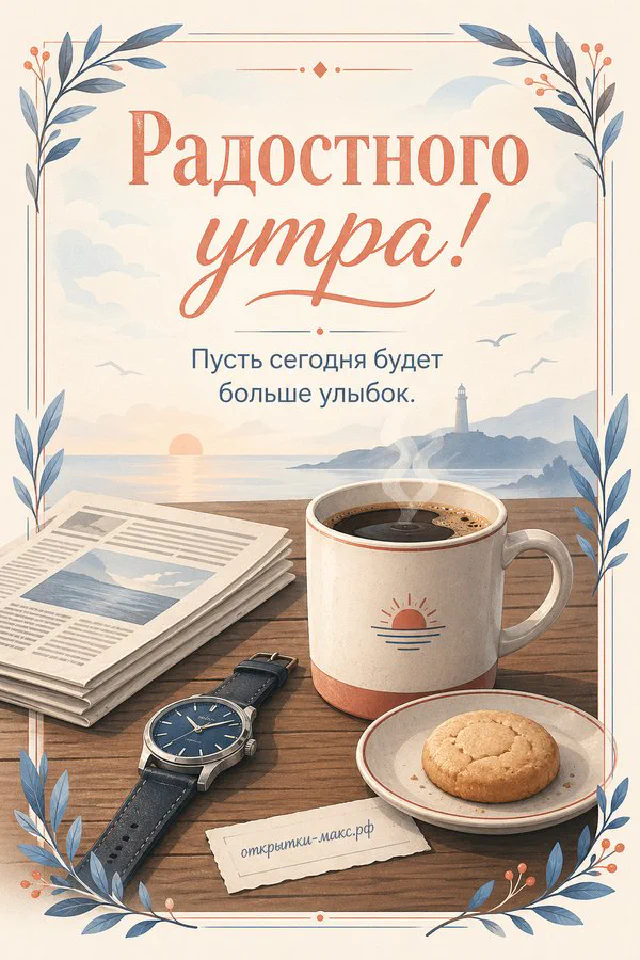 Зелёная кружка кофе, наручные часы и газета на деревянном столе с видом на озеро и листьями в рамке — вариант 2