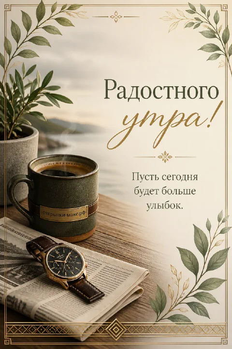 Зелёная кружка кофе, наручные часы и газета на деревянном столе с видом на озеро и листьями в рамке