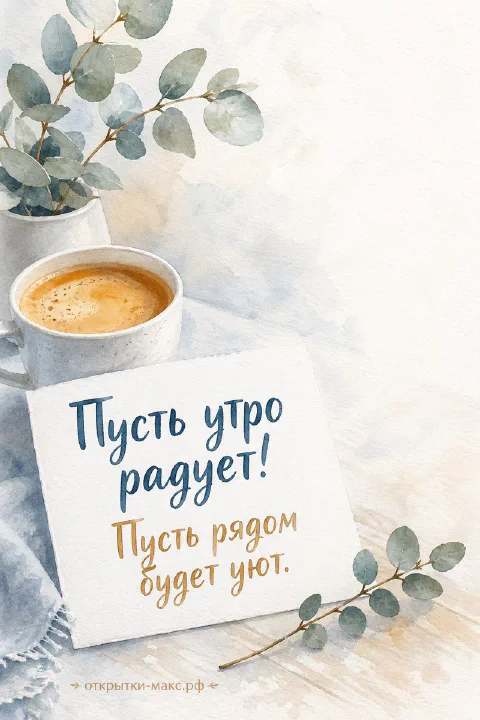 Акварельная открытка доброе утро с дымящейся чашкой кофе и веточками эвкалипта на деревянном столе
