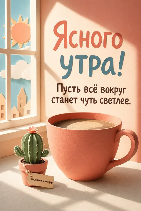 Большая оранжевая кружка кофе и маленький кактус на подоконнике на фоне окна с облаками и солнцем, надпись Ясного утра
