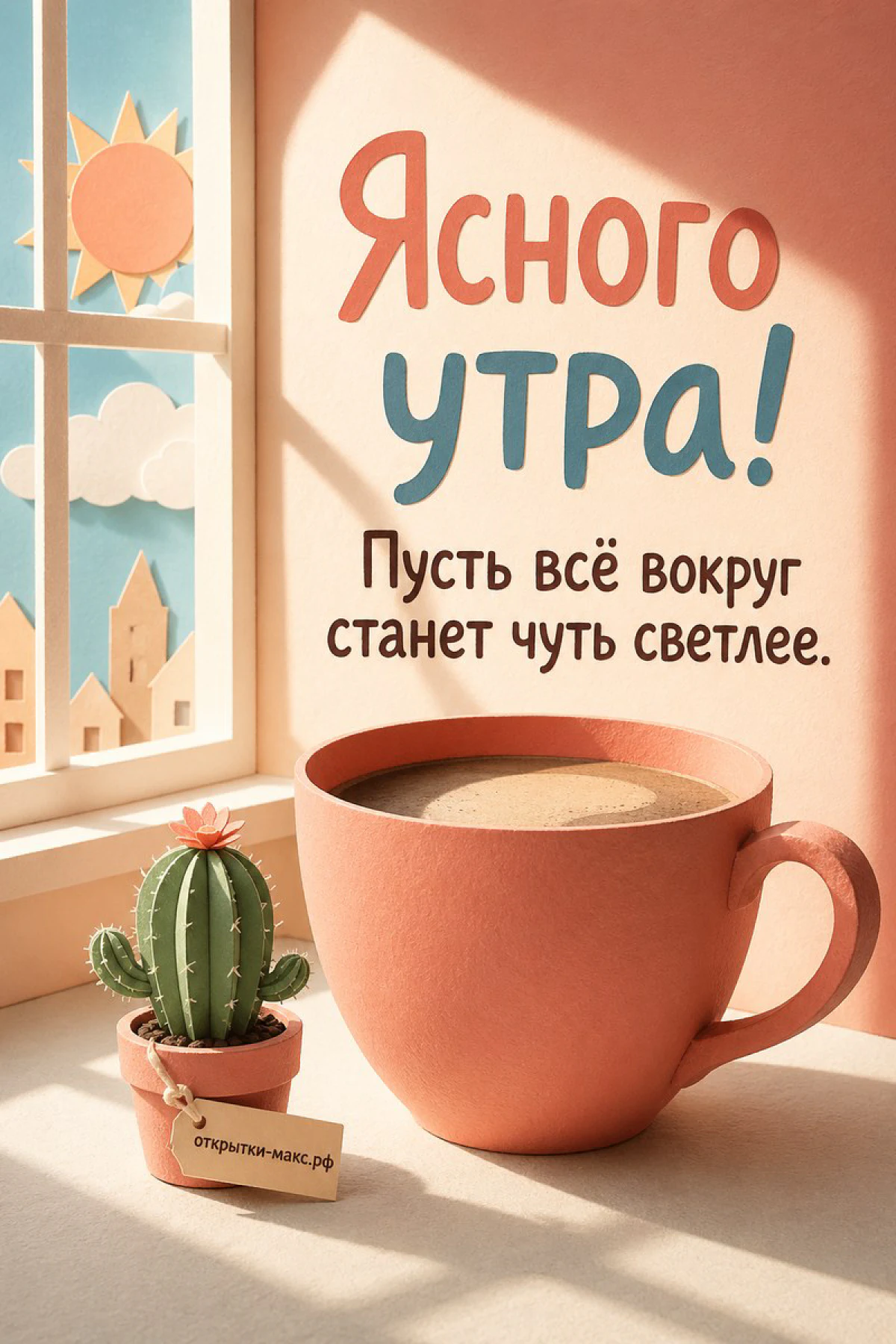 Большая оранжевая кружка кофе и маленький кактус на подоконнике на фоне окна с облаками и солнцем, надпись Ясного утра