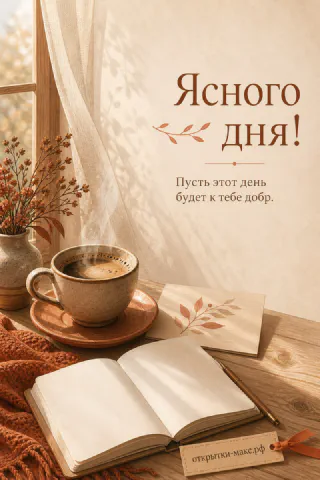 Дымящаяся кружка кофе и раскрытая книга на деревянном столе у окна с осенними ветками, надпись Ясного дня