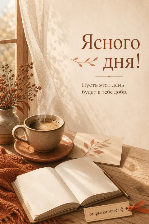 Дымящаяся кружка кофе и раскрытая книга на деревянном столе у окна с осенними ветками, надпись Ясного дня