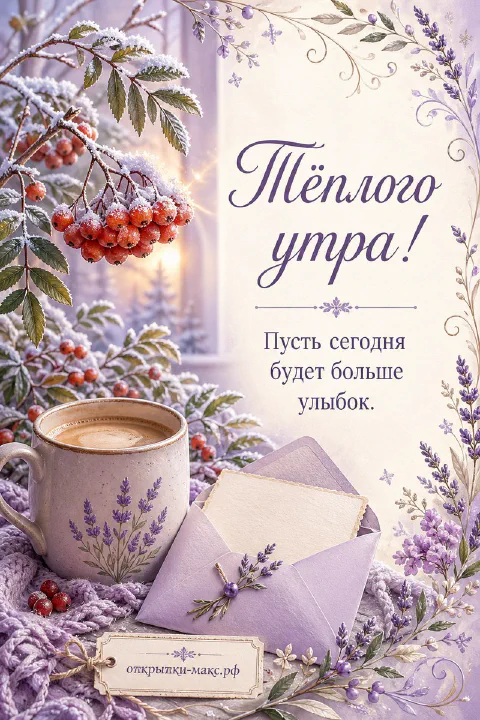 Кружка с кофе с молоком и конверт с лавандой на вязаном пледе рядом с ветками рябины в снегу