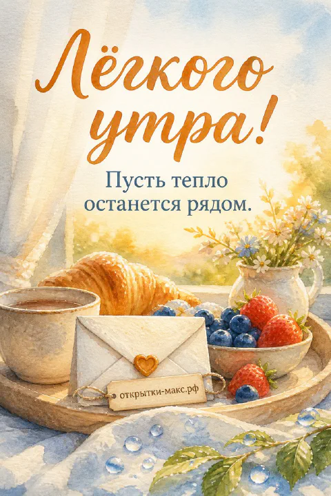 Деревянный поднос с кружкой кофе, круассаном, миской с малиной и черникой, белый конверт с сердечком и букетик ромашек