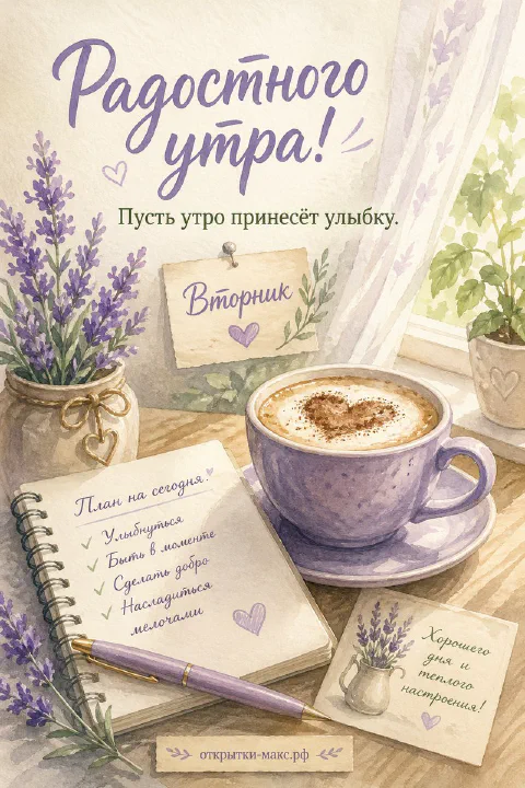 Кофейная кружка с лепестком сердца, блокнот с планом дня и ваза с лавандой на деревянном столе