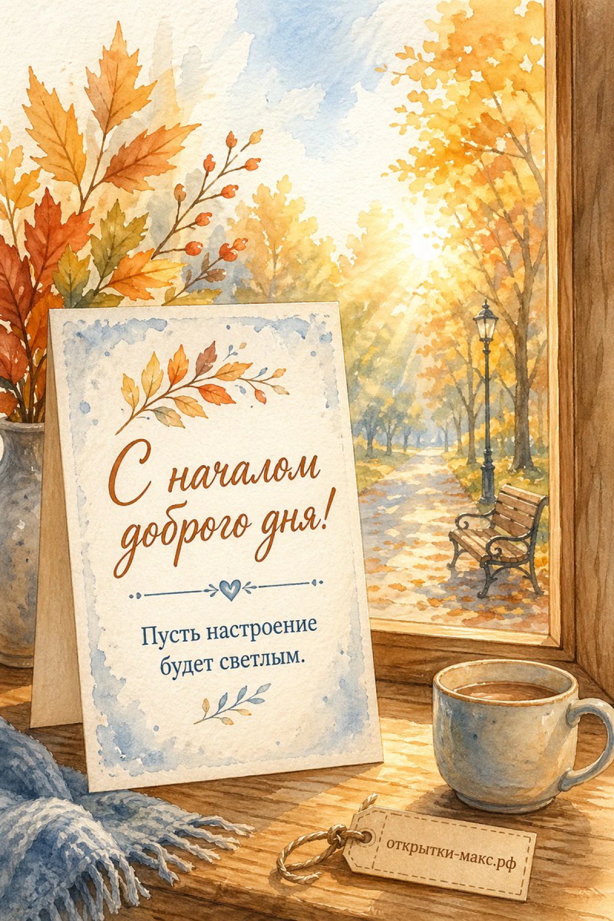Акварельная открытка-подставка с надписью рядом с кружкой кофе у окна с осенними деревьями и скамейкой в парке