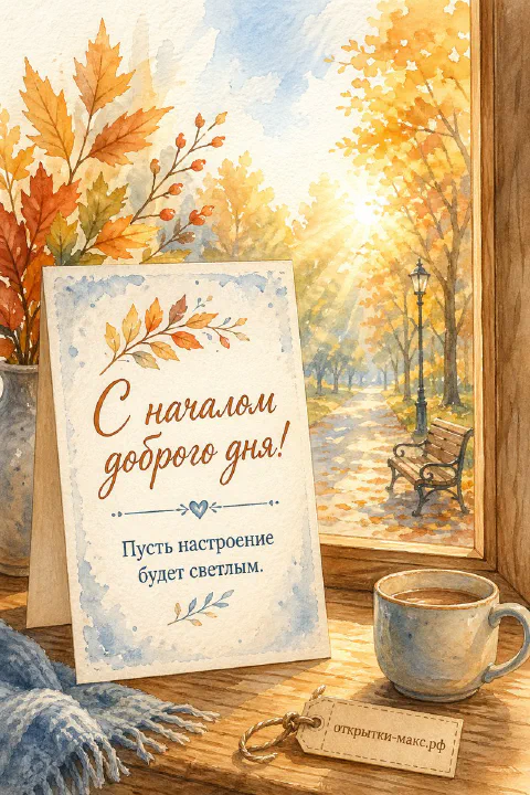 Акварельная открытка-подставка с надписью рядом с кружкой кофе у окна с осенними деревьями и скамейкой в парке