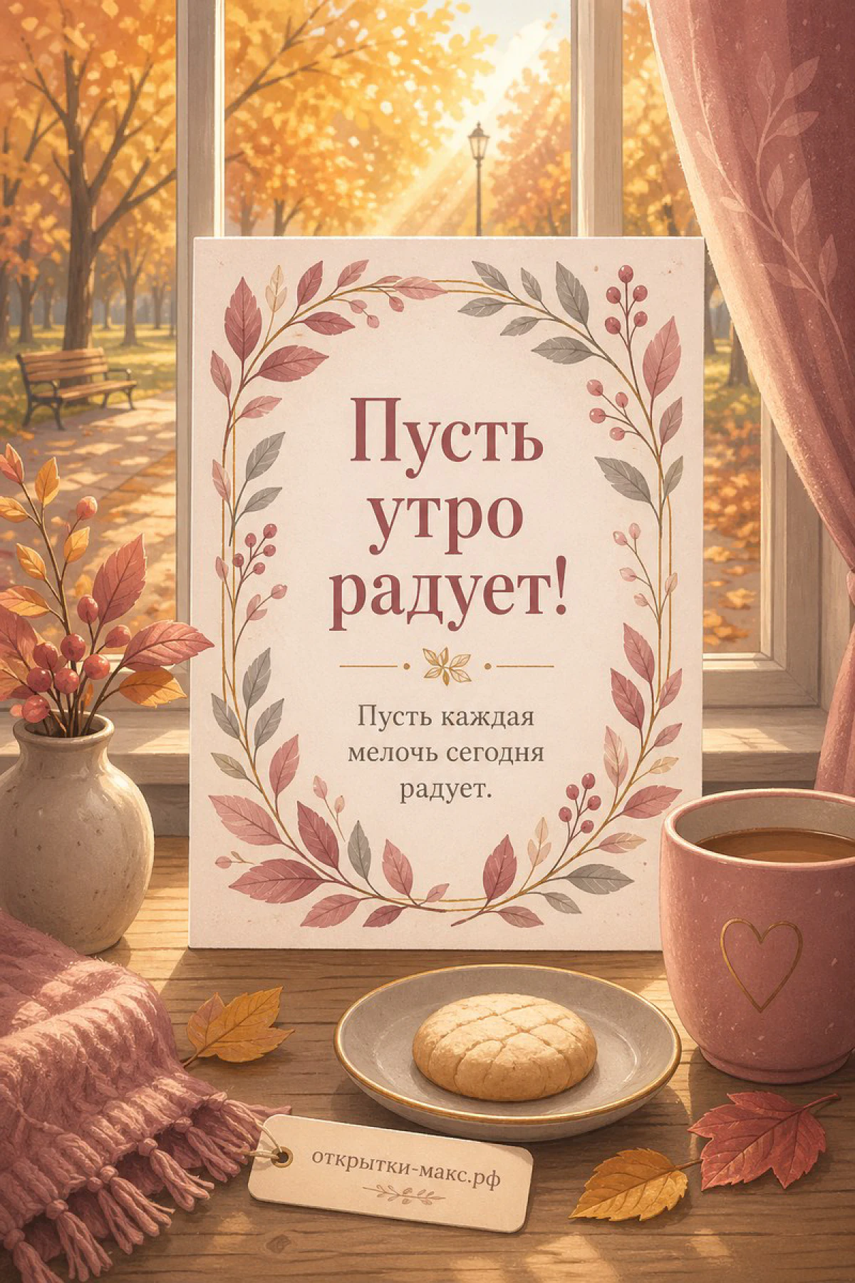 Чашка кофе с печеньем на столе у окна с осенними листьями, надпись «Пусть утро радует»