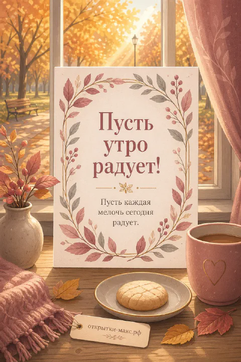 Чашка кофе с печеньем на столе у окна с осенними листьями, надпись «Пусть утро радует»