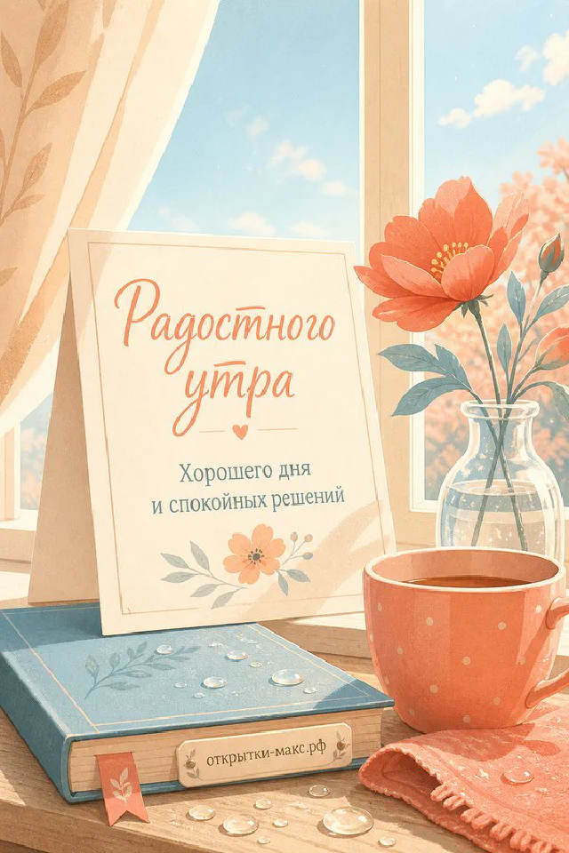 Акварельная открытка с розовыми пионами, голубыми незабудками и чашкой кофе на светлом фоне — вариант 2