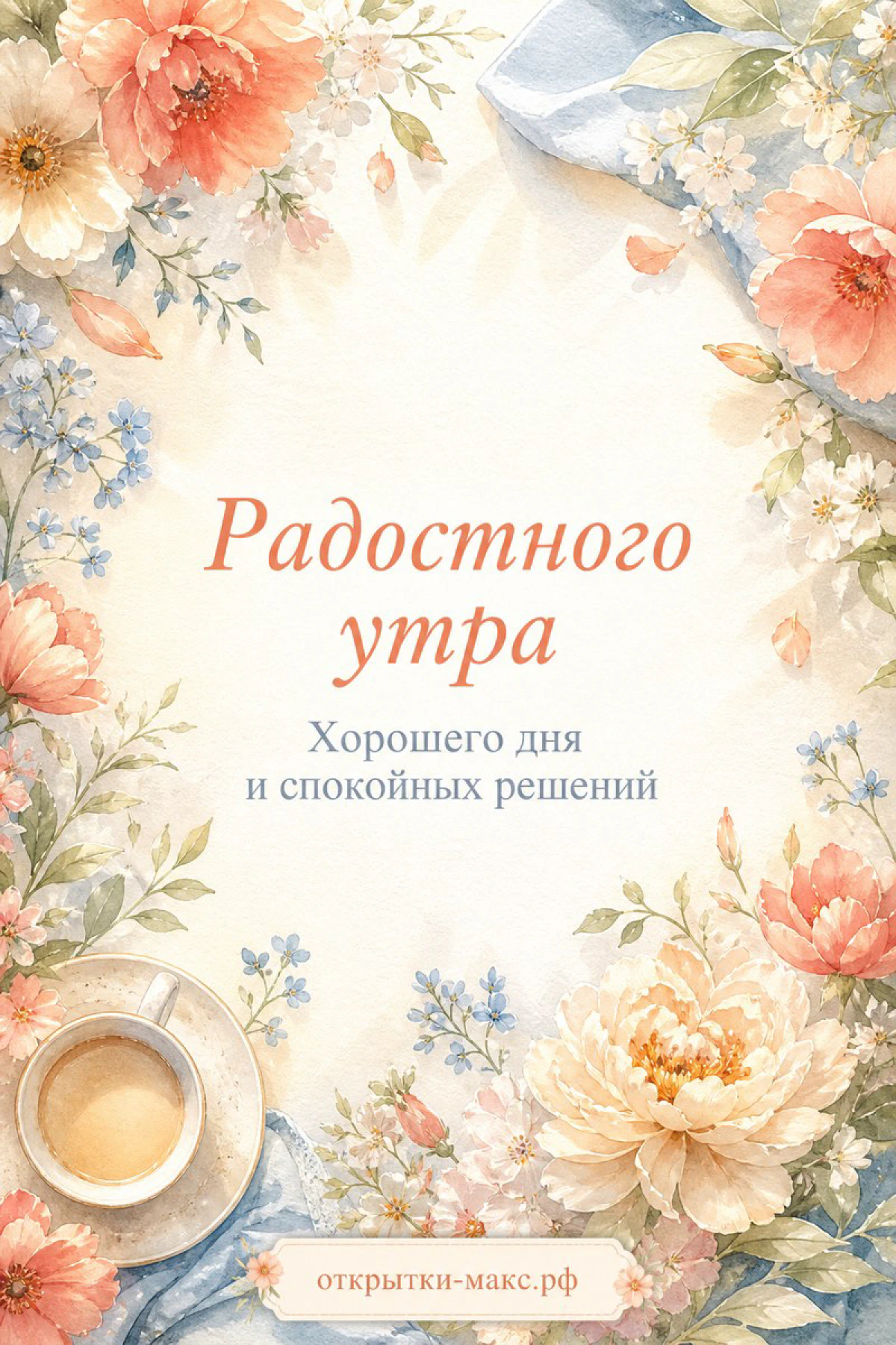 Акварельная открытка с розовыми пионами, голубыми незабудками и чашкой кофе на светлом фоне