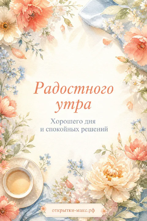 Акварельная открытка с розовыми пионами, голубыми незабудками и чашкой кофе на светлом фоне