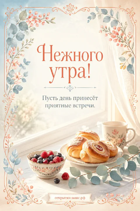 Тарелка с двумя круглыми пирожными с ягодной начинкой, миска со свежей малиной и черникой, кружка с напитком у окна