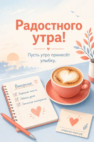 Розовая кружка кофе и блокнот с тремя пунктами плана на фоне морского горизонта в голубых тонах