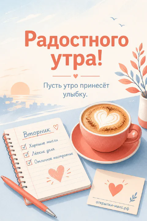 Розовая кружка кофе и блокнот с тремя пунктами плана на фоне морского горизонта в голубых тонах