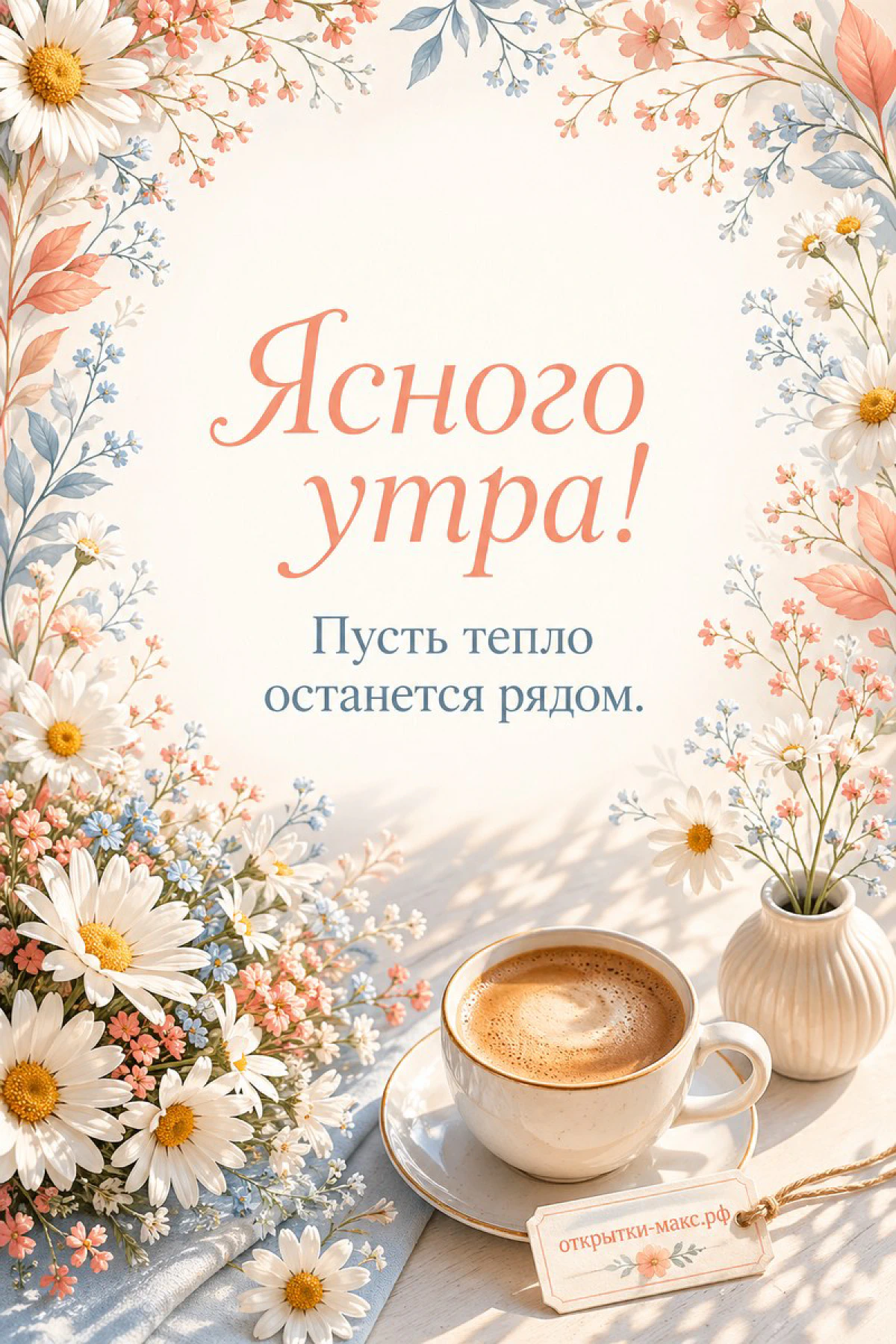 Чашка капучино среди ромашек и розовых цветов на светлом фоне с маленькой вазочкой и тегом, надпись Ясного утра
