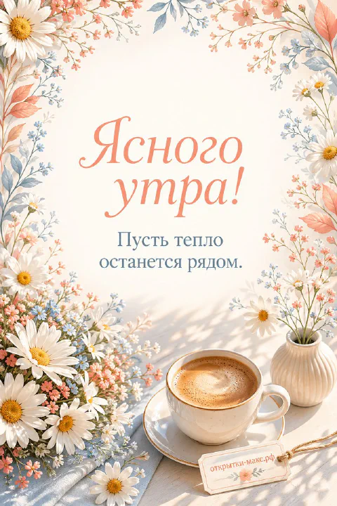 Чашка капучино среди ромашек и розовых цветов на светлом фоне с маленькой вазочкой и тегом, надпись Ясного утра