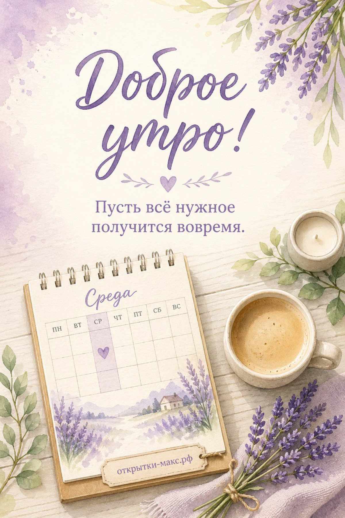 Чашка кофе и настольный календарь со средой рядом с лавандой и свечой в сиреневых тонах