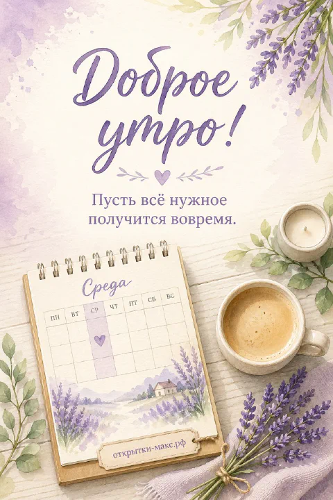 Чашка кофе и настольный календарь со средой рядом с лавандой и свечой в сиреневых тонах