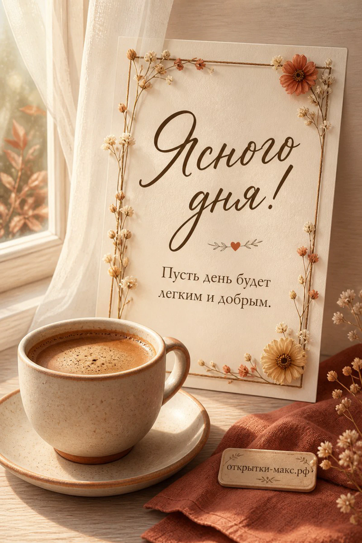 Кружка кофе на блюдце и открытка с сухоцветами на деревянном подоконнике у занавески, надпись Ясного дня