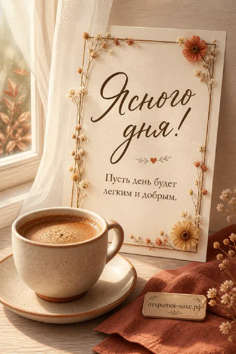 Кружка кофе на блюдце и открытка с сухоцветами на деревянном подоконнике у занавески, надпись Ясного дня