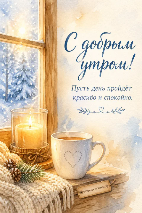 Белая кружка кофе с рисунком сердца и свеча на подоконнике у окна с заснеженными елями