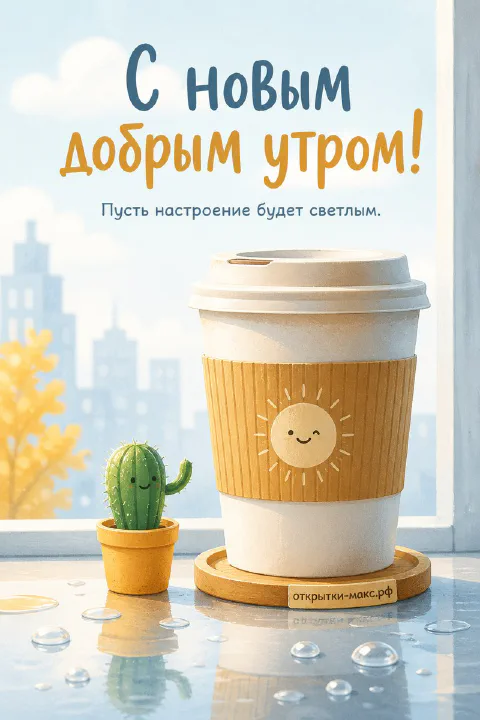 Бумажный стаканчик кофе с улыбающимся солнцем, кактус в горшке и город за окном с надписью «С новым добрым утром»
