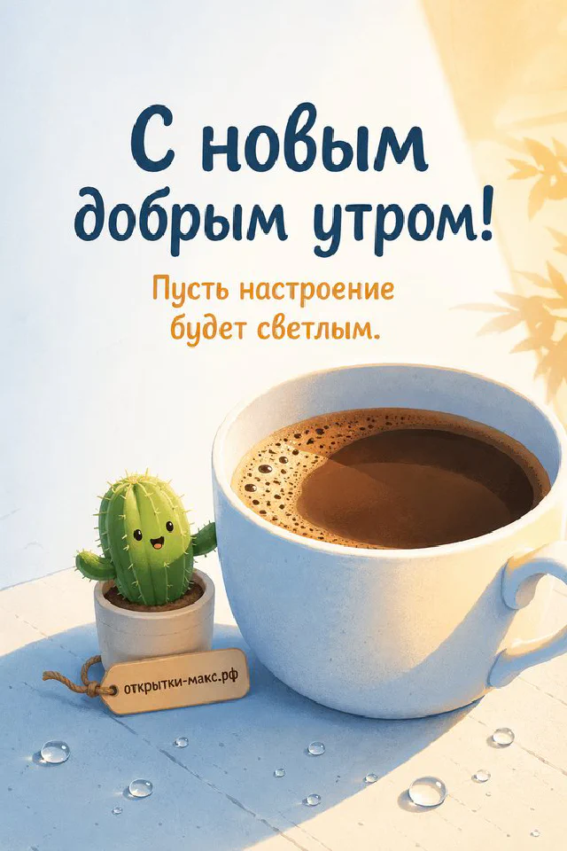 Бумажный стаканчик кофе с улыбающимся солнцем, кактус в горшке и город за окном с надписью «С новым добрым утром» — вариант 4
