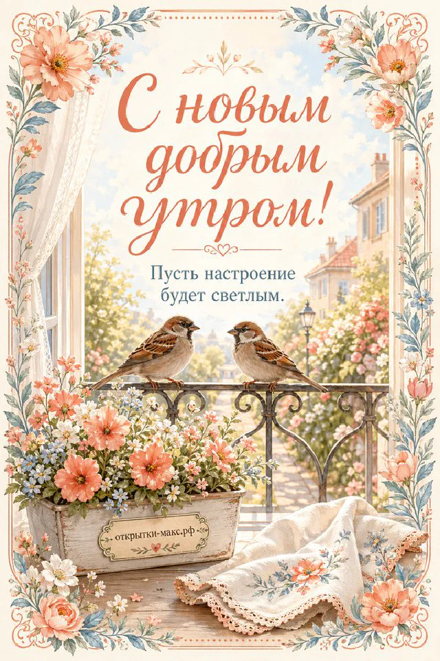 Бумажный стаканчик кофе с улыбающимся солнцем, кактус в горшке и город за окном с надписью «С новым добрым утром» — вариант 2