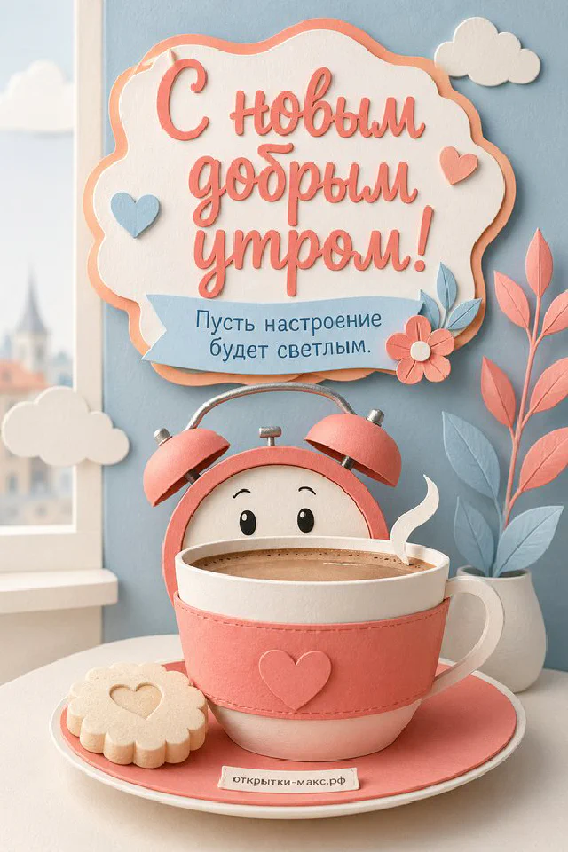 Бумажный стаканчик кофе с улыбающимся солнцем, кактус в горшке и город за окном с надписью «С новым добрым утром» — вариант 3