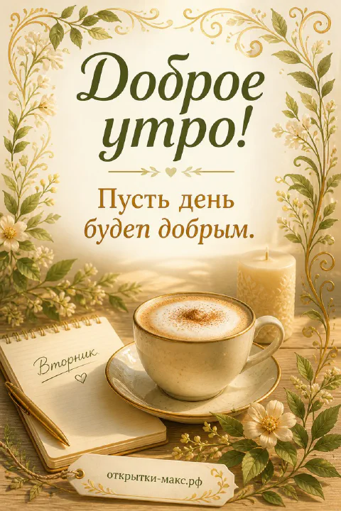 Чашка капучино, свеча, блокнот с надписью Вторник и белые цветы на золотистом фоне
