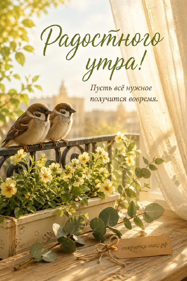 Бумажная карточка с цветочной аппликацией на розовом конверте, чашка кофе и розовая роза с надписью «Радостного утра» — вариант 2
