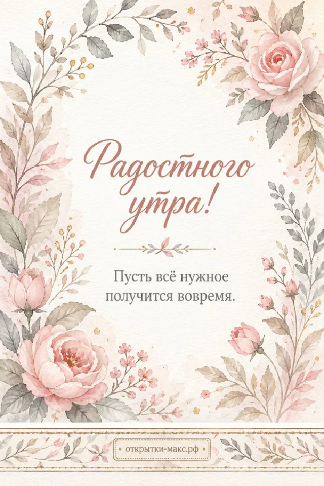 Бумажная карточка с цветочной аппликацией на розовом конверте, чашка кофе и розовая роза с надписью «Радостного утра» — вариант 3