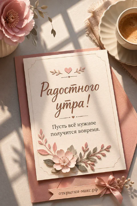 Бумажная карточка с цветочной аппликацией на розовом конверте, чашка кофе и розовая роза с надписью «Радостного утра»