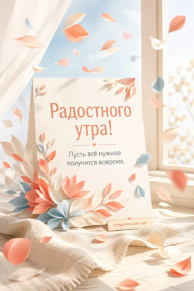 Бумажная карточка с цветочной аппликацией на розовом конверте, чашка кофе и розовая роза с надписью «Радостного утра» — вариант 4