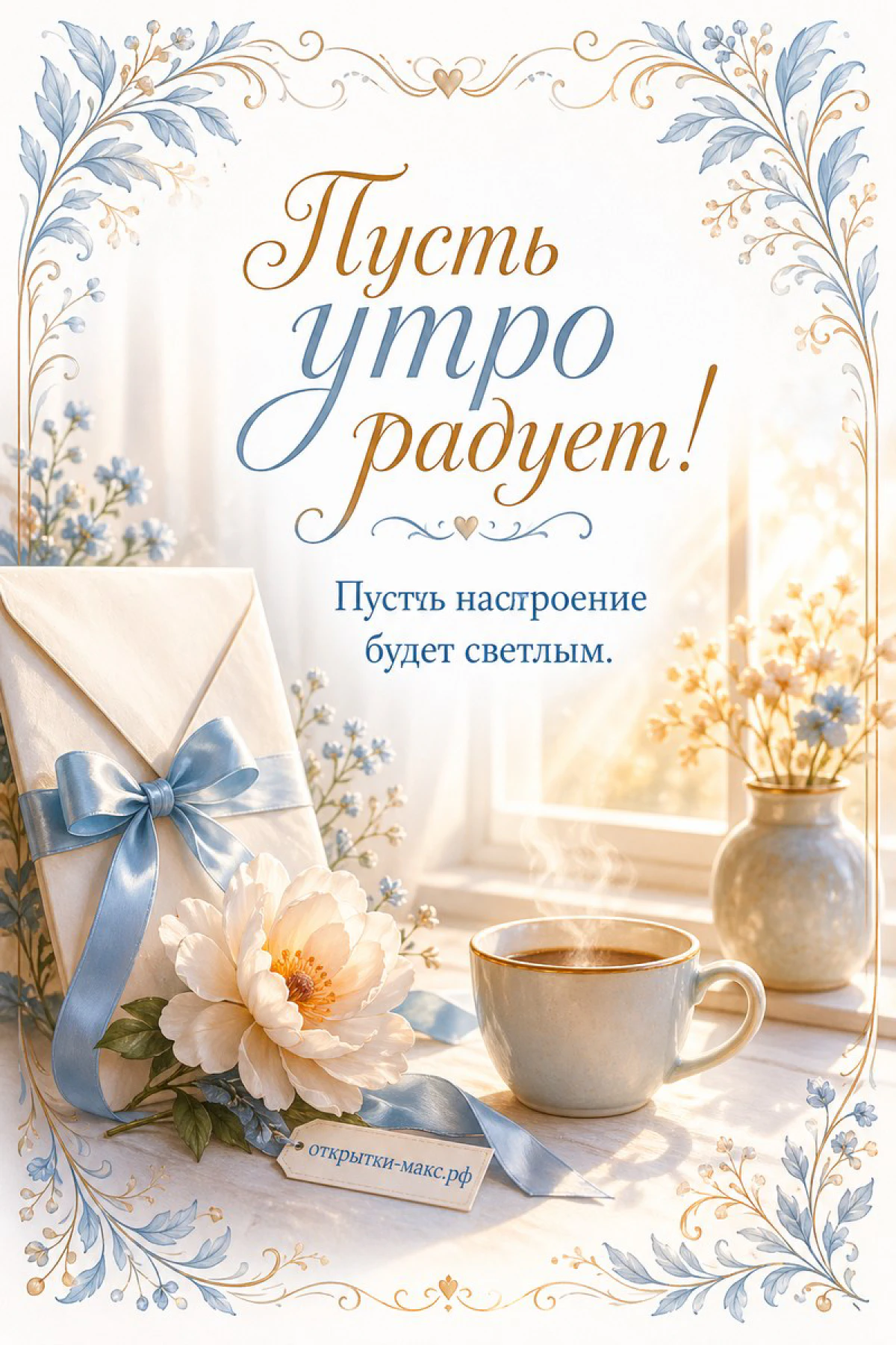Бежевый конверт с голубой лентой, цветок пиона и чашка кофе на бежевом фоне с надписью «Пусть утро радует»