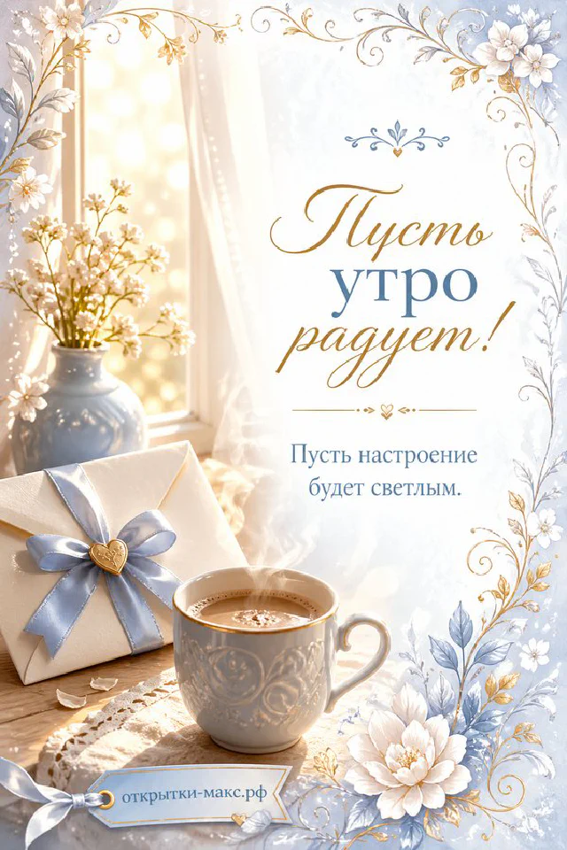 Бежевый конверт с голубой лентой, цветок пиона и чашка кофе на бежевом фоне с надписью «Пусть утро радует» — вариант 2