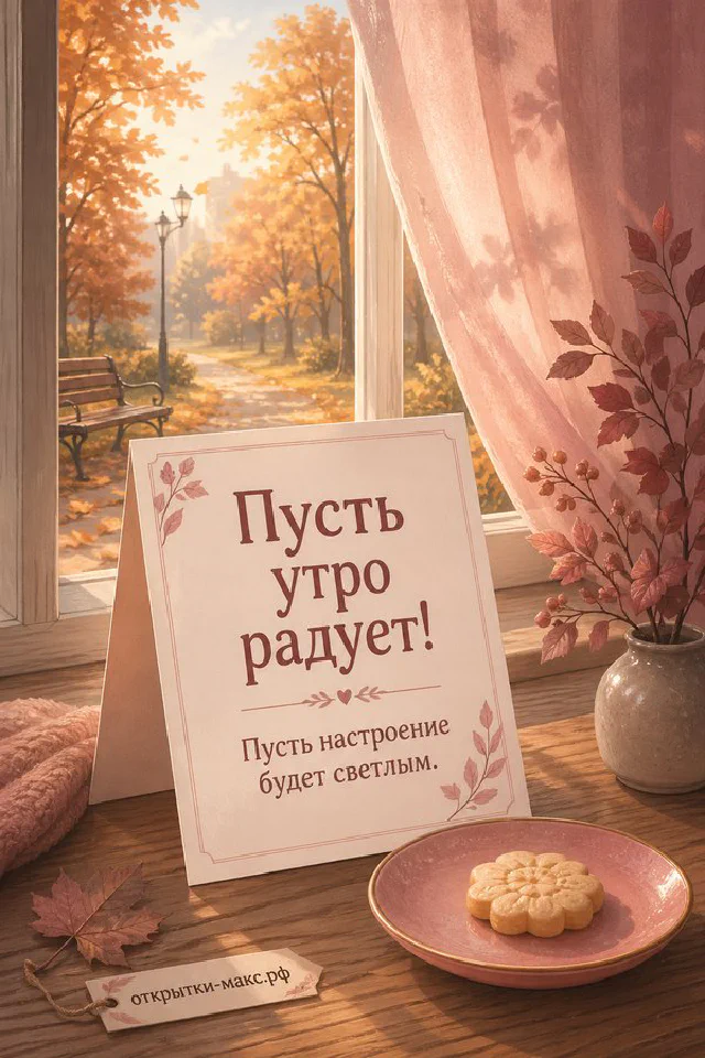 Бежевый конверт с голубой лентой, цветок пиона и чашка кофе на бежевом фоне с надписью «Пусть утро радует» — вариант 4