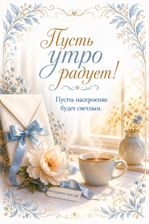 Бежевый конверт с голубой лентой, цветок пиона и чашка кофе на бежевом фоне с надписью «Пусть утро радует»