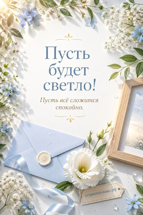 Голубой конверт с сургучной печатью и белые цветы эустомы на светлом фоне с рамкой