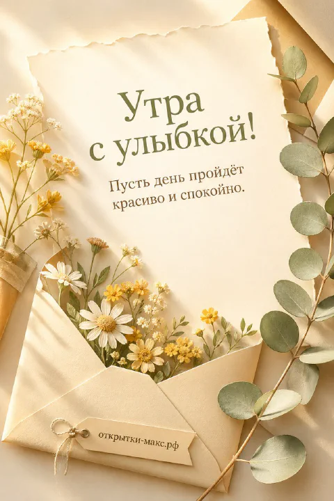 Крафтовый конверт с ромашками, жёлтыми полевыми цветами и ветками эвкалипта на бежевом фоне